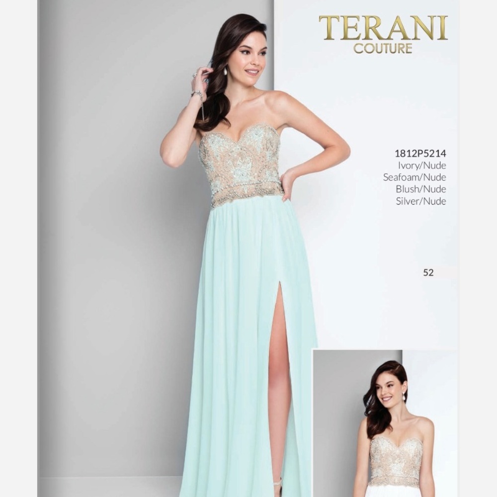 NWT TERANI COUTURE SEAFOAM NUDE STRAPLESS GOWN SZ6